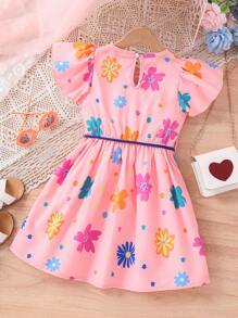 SHEIN Young Girl Floral Print Ruffle Trim Dress - Pink - View 2