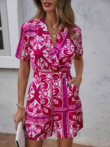 SHEIN LUNE 滿版印花西裝領襯衫連體短褲 - 玫紅色 - 查看 5