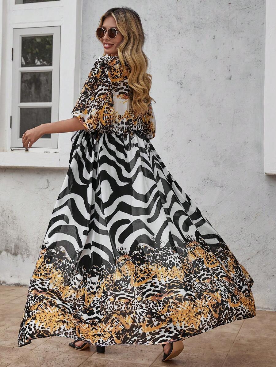 SHEIN LUNE Leopard & Zebra Striped Print Belted Kimono - Multicolor - View 1