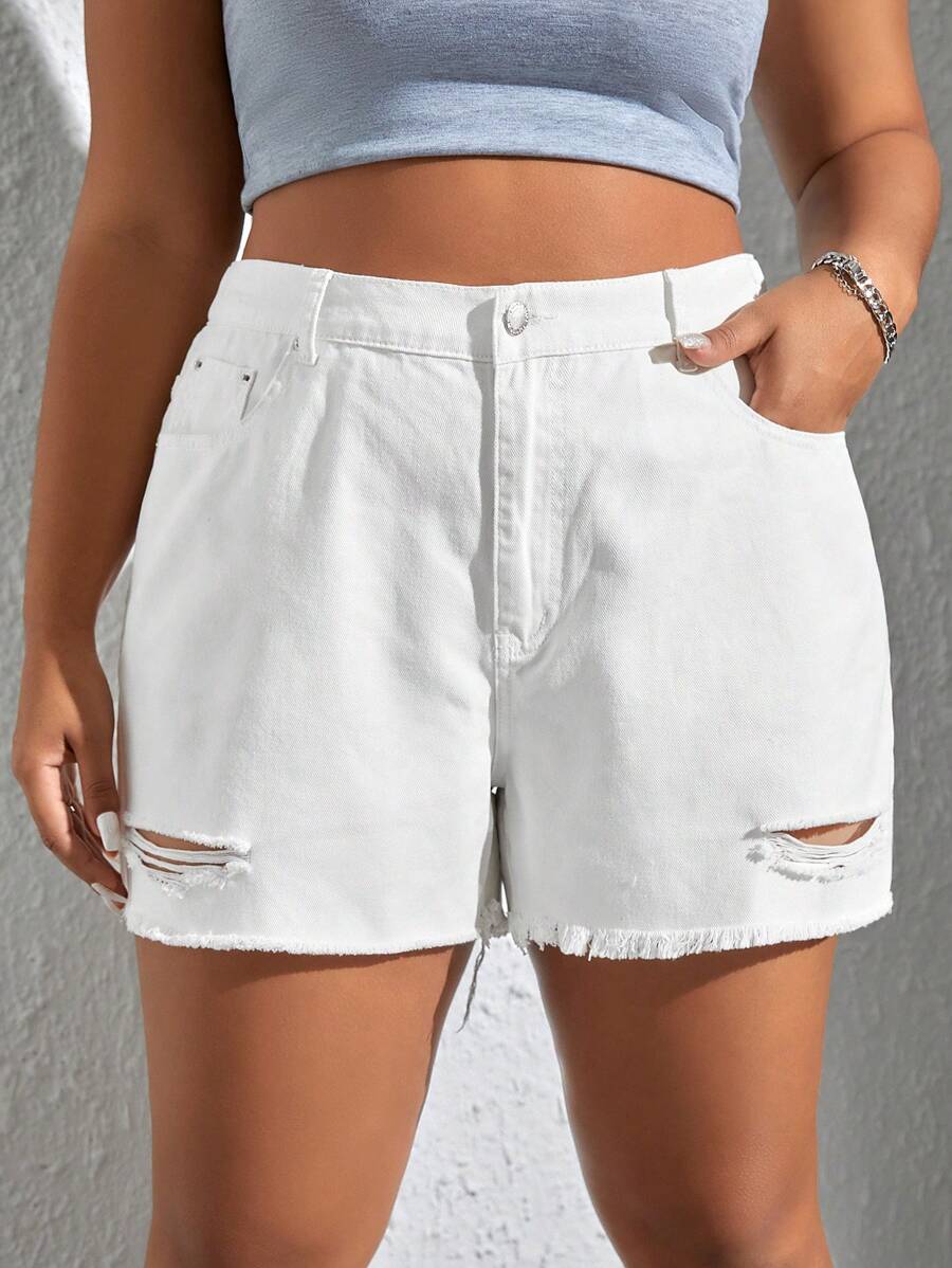 SHEIN EZwear Plus Ripped Raw Hem Denim Shorts - White - View 1