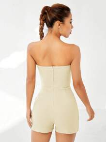 Muchica 素色褶邊圍裹下擺抹胸連體短褲 - 杏色 - 查看 2