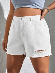 SHEIN EZwear Plus Ripped Raw Hem Denim Shorts - White - View 3