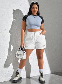 SHEIN EZwear Plus Ripped Raw Hem Denim Shorts - White - View 5