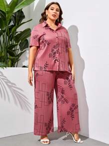 Mulvari Plus Floral Print Shirt & Wide Leg Pants - Dusty Pink - View 1