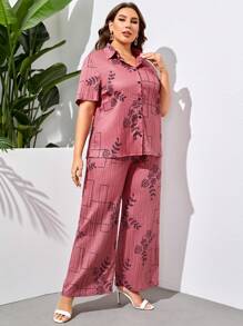 Mulvari Plus Floral Print Shirt & Wide Leg Pants - Dusty Pink - View 3