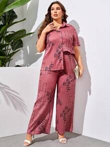 Mulvari Plus Floral Print Shirt & Wide Leg Pants - Dusty Pink - View 4