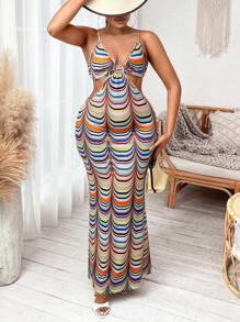 SHEIN SXY Hơn In Toàn bộ Cắt bỏ eo Váy Dây - Nhiều màu - Xem 3