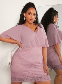 SHEIN CURVE+ Đầm Plus Size Tương phản ren Trọn gói Dây kéo màu trơn Thanh lịch - Hồng - Xem 2