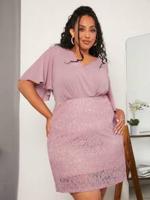 SHEIN CURVE+ Đầm Plus Size Tương phản ren Trọn gói Dây kéo màu trơn Thanh lịch - Hồng - Xem 4