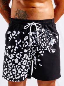 Surfspeed 男士豹紋印花腰部抽繩泳褲 - 黑色 - 查看 1