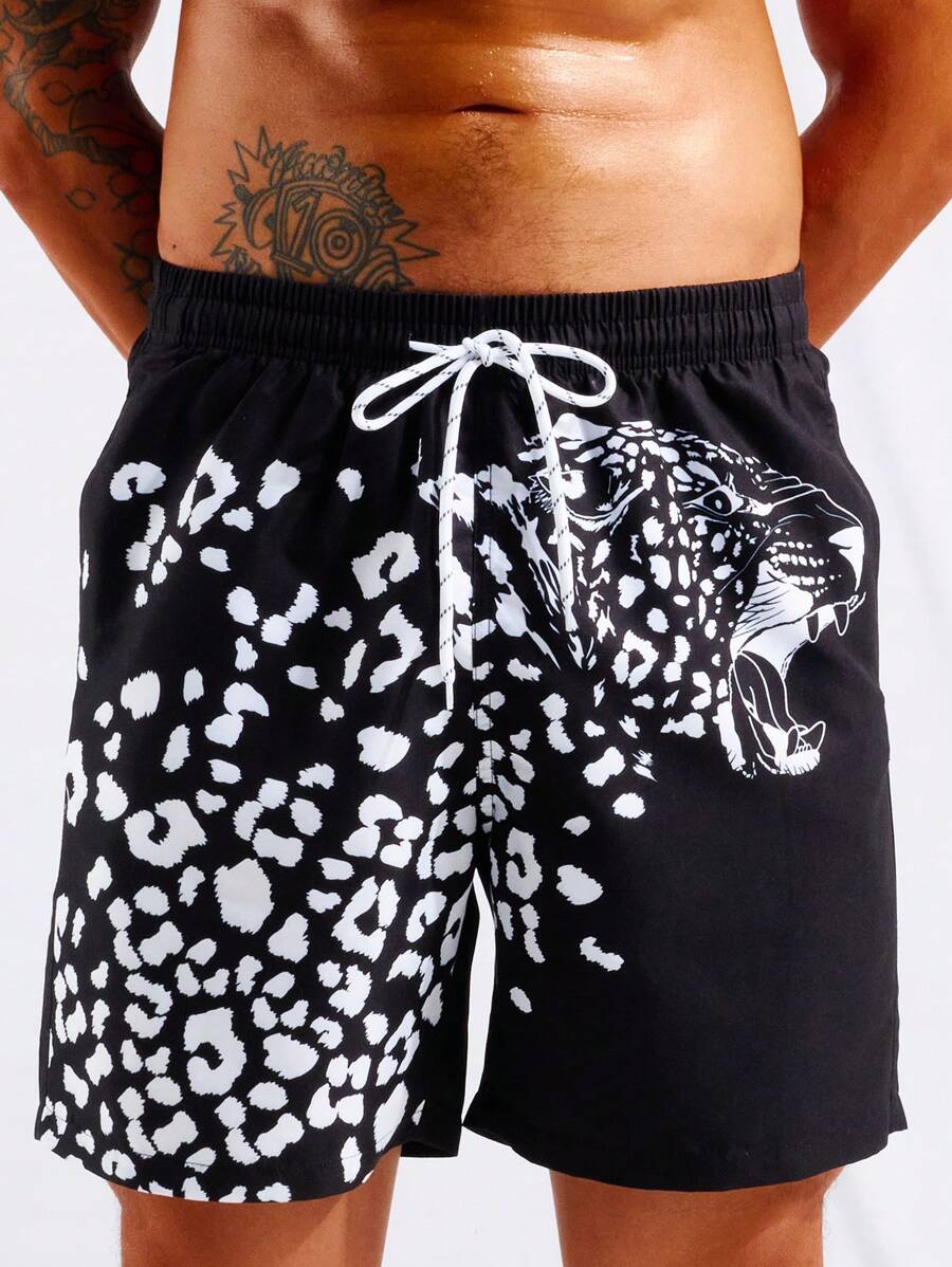 Surfspeed 男士豹紋印花腰部抽繩泳褲 - 黑色 - 查看 1