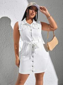 SHEIN EZwear Plus Flap Detail Belted Denim Dress - White - View 5