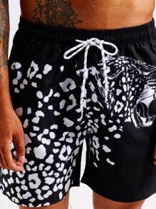 Surfspeed 男士豹紋印花腰部抽繩泳褲 - 黑色 - 查看 4