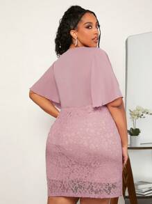 SHEIN CURVE+ Đầm Plus Size Tương phản ren Trọn gói Dây kéo màu trơn Thanh lịch - Hồng - Xem 6