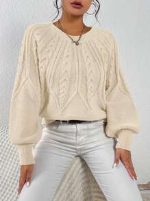 SHEIN LUNE Cable Knit Lantern Sleeve Sweater - Apricot - View 1