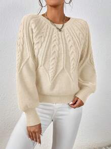 SHEIN LUNE Cable Knit Lantern Sleeve Sweater - Apricot - View 4