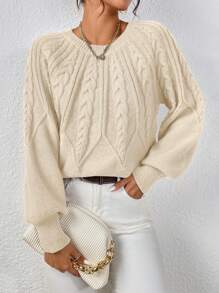 SHEIN LUNE Cable Knit Lantern Sleeve Sweater - Apricot - View 5