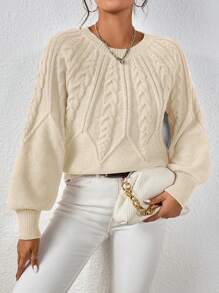 SHEIN LUNE Cable Knit Lantern Sleeve Sweater - Apricot - View 6