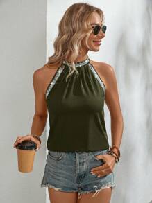 SHEIN LUNE 亮片拼接後鎖孔掛脖上衣 - 軍綠色 - 查看 5