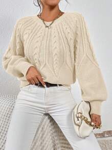 SHEIN LUNE Cable Knit Lantern Sleeve Sweater - Apricot - View 7