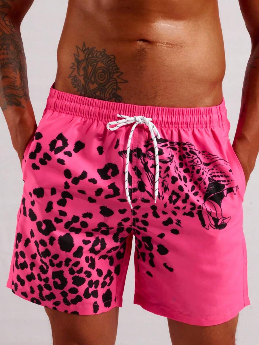 Manfinity Men Leopard Print Drawstring Waist Swim Trunks - Hot Pink - View 1