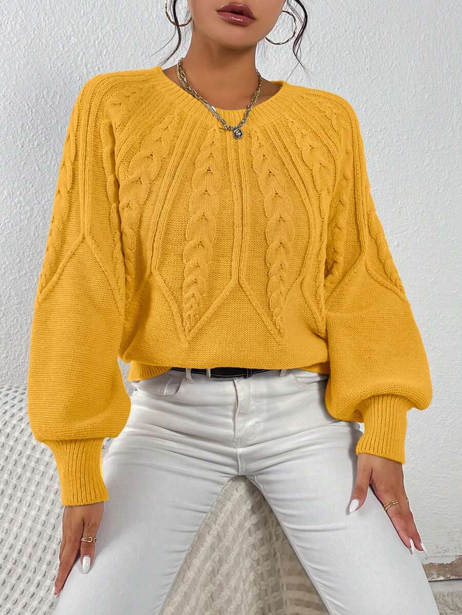 SHEIN LUNE 灯笼袖针织毛衣,长袖套头针织衫,秋冬毛衣 - 芥末黃 - 查看 1