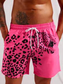 Manfinity Men Leopard Print Drawstring Waist Swim Trunks - Hot Pink - View 3