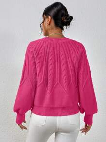 Elenzga 麻花针织灯笼袖套头衫秋冬毛衣 - 玫紅色 - 查看 2