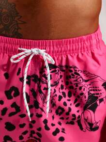 Manfinity Men Leopard Print Drawstring Waist Swim Trunks - Hot Pink - View 4