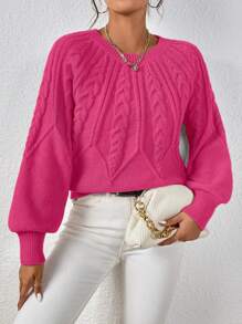 Elenzga 麻花针织灯笼袖套头衫秋冬毛衣 - 玫紅色 - 查看 4