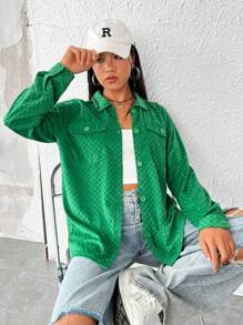 SHEIN EZwear Túi có nắp Thả vai Nút phía trước áo - màu xanh lá - Xem 1