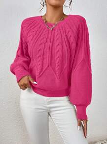 Elenzga 麻花针织灯笼袖套头衫秋冬毛衣 - 玫紅色 - 查看 6