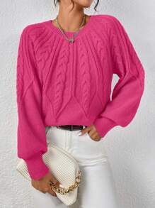 Elenzga 麻花针织灯笼袖套头衫秋冬毛衣 - 玫紅色 - 查看 7