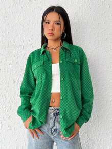 SHEIN EZwear Túi có nắp Thả vai Nút phía trước áo - màu xanh lá - Xem 3