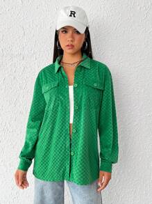 SHEIN EZwear Túi có nắp Thả vai Nút phía trước áo - màu xanh lá - Xem 4