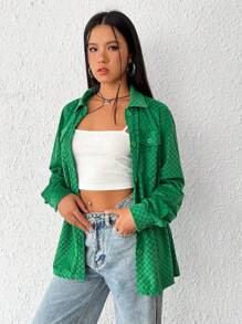SHEIN EZwear Túi có nắp Thả vai Nút phía trước áo - màu xanh lá - Xem 5