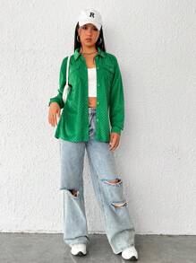 SHEIN EZwear Túi có nắp Thả vai Nút phía trước áo - màu xanh lá - Xem 6