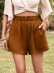 SHEIN LUNE Chất rắn Túi nghiêng Quần short chân rộng - màu nâu - Xem 1