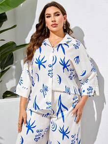 Mulvari 大碼圖案印花蝙蝠袖襯衫和闊腿褲 - 藍白色 - 查看 4