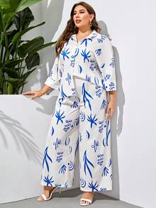 Mulvari 大碼圖案印花蝙蝠袖襯衫和闊腿褲 - 藍白色 - 查看 5