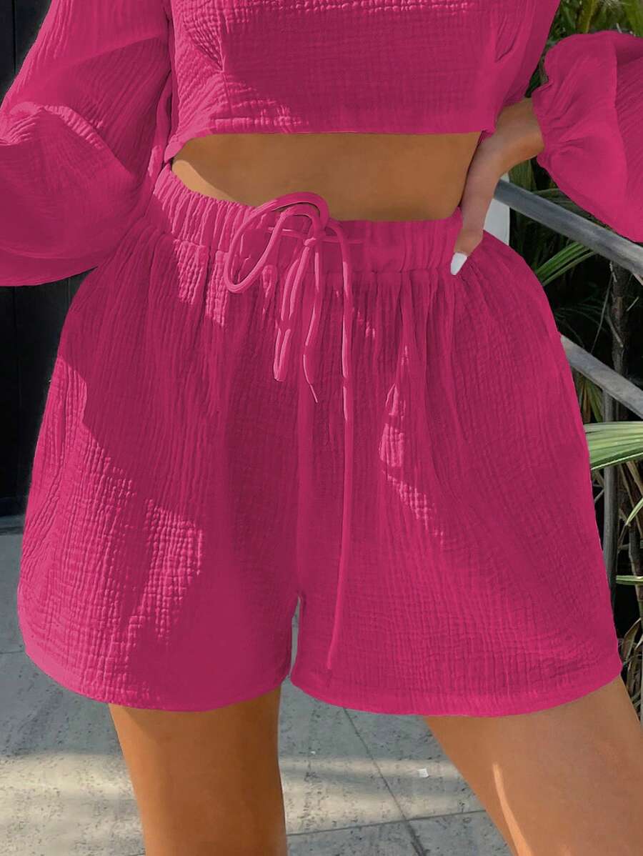 SHEIN Unity 素色腰上打結闊腿短褲 - 玫紅色 - 查看 1