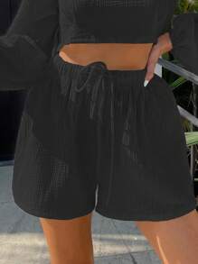 SHEIN MOOSTA Shorts de pierna ancha unicolor de cintura con nudo