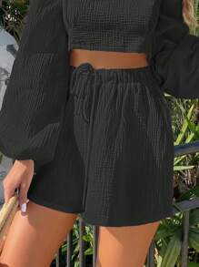 SHEIN MOOSTA Shorts de pierna ancha unicolor de cintura con nudo