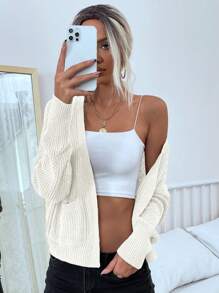 SHEIN LUNE Solid Open Front Dual Pocket Drop Shoulder Cardigan,Long Sleeve Tops Fall Winter Cloth For Women - Beige - View 5