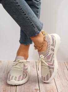 Sporty Sneakers For Women, Striped Pattern Lace-up Front Running Shoes - Multicolor - View 1