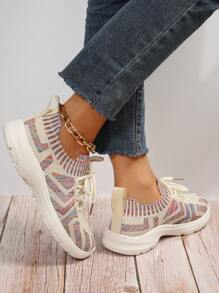 Sporty Sneakers For Women, Striped Pattern Lace-up Front Running Shoes - Multicolor - View 2