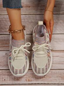 Sporty Sneakers For Women, Striped Pattern Lace-up Front Running Shoes - Multicolor - View 5