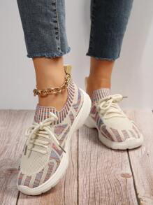 Sporty Sneakers For Women, Striped Pattern Lace-up Front Running Shoes - Multicolor - View 6