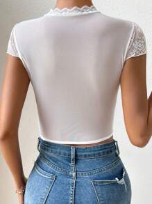 SHEIN Holidaya Top corto de encaje con escote recortado para fiestas y eventos - Blanco - Ver 2
