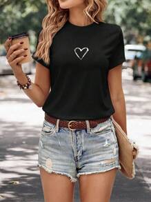 EMERY ROSE Heart Print Tee - Black - View 5